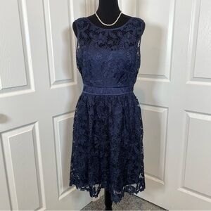 Adrianna Papell Navy Lace Overlay Keyhole Back & Fitted Waistline Dress Size 12